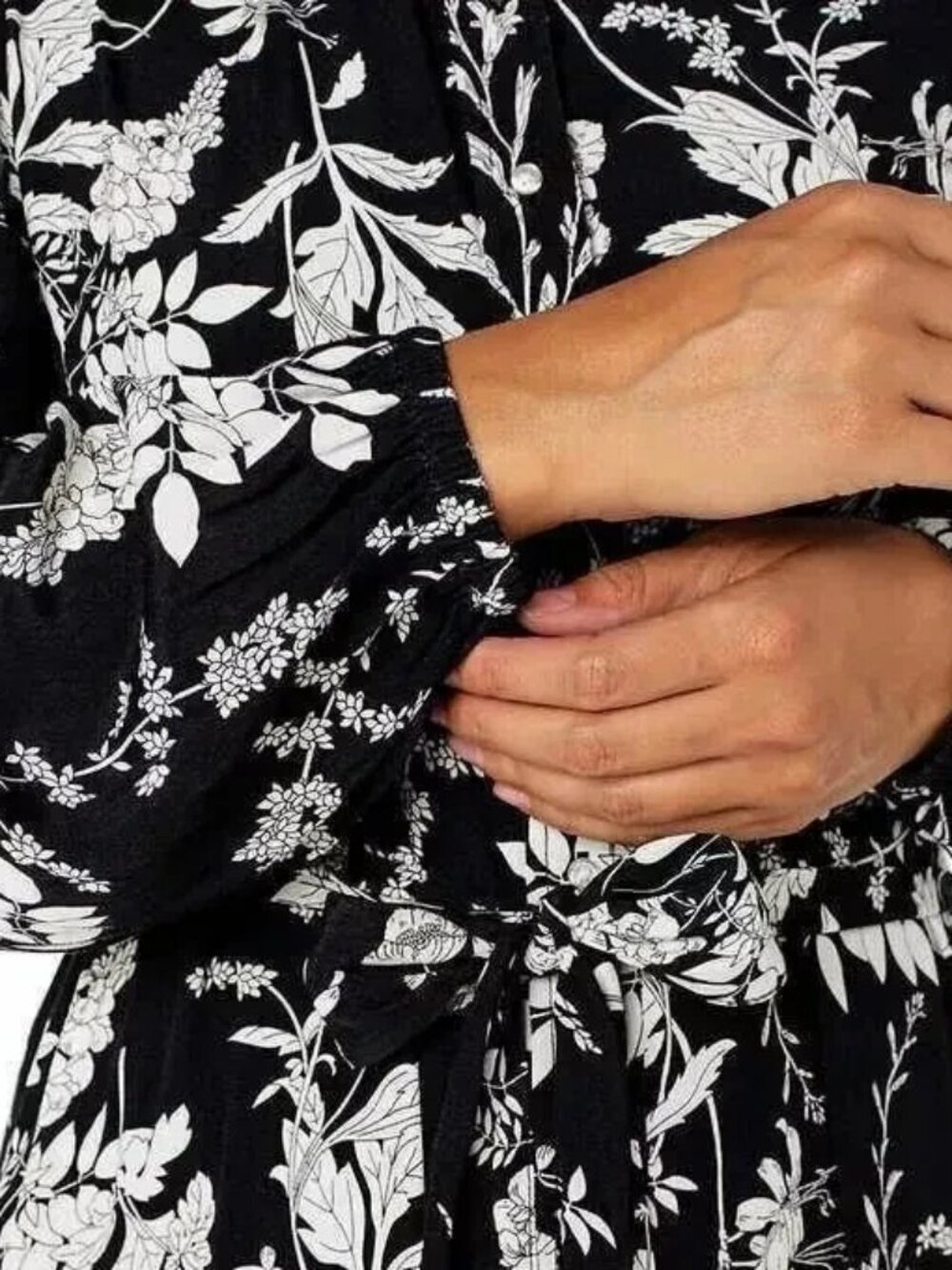 Women's Dress, Crepe Tie-Belt Long Sleeve Button, Black Print, Small - Picture 4 of 6
